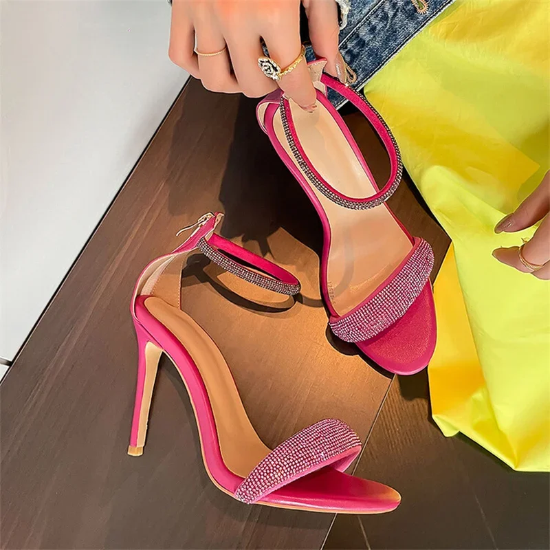 

Brand Design Rhinestone Simple Sandals 2024 Summer New High Heel Pointed Women's Slippers European American Style Women Shoes