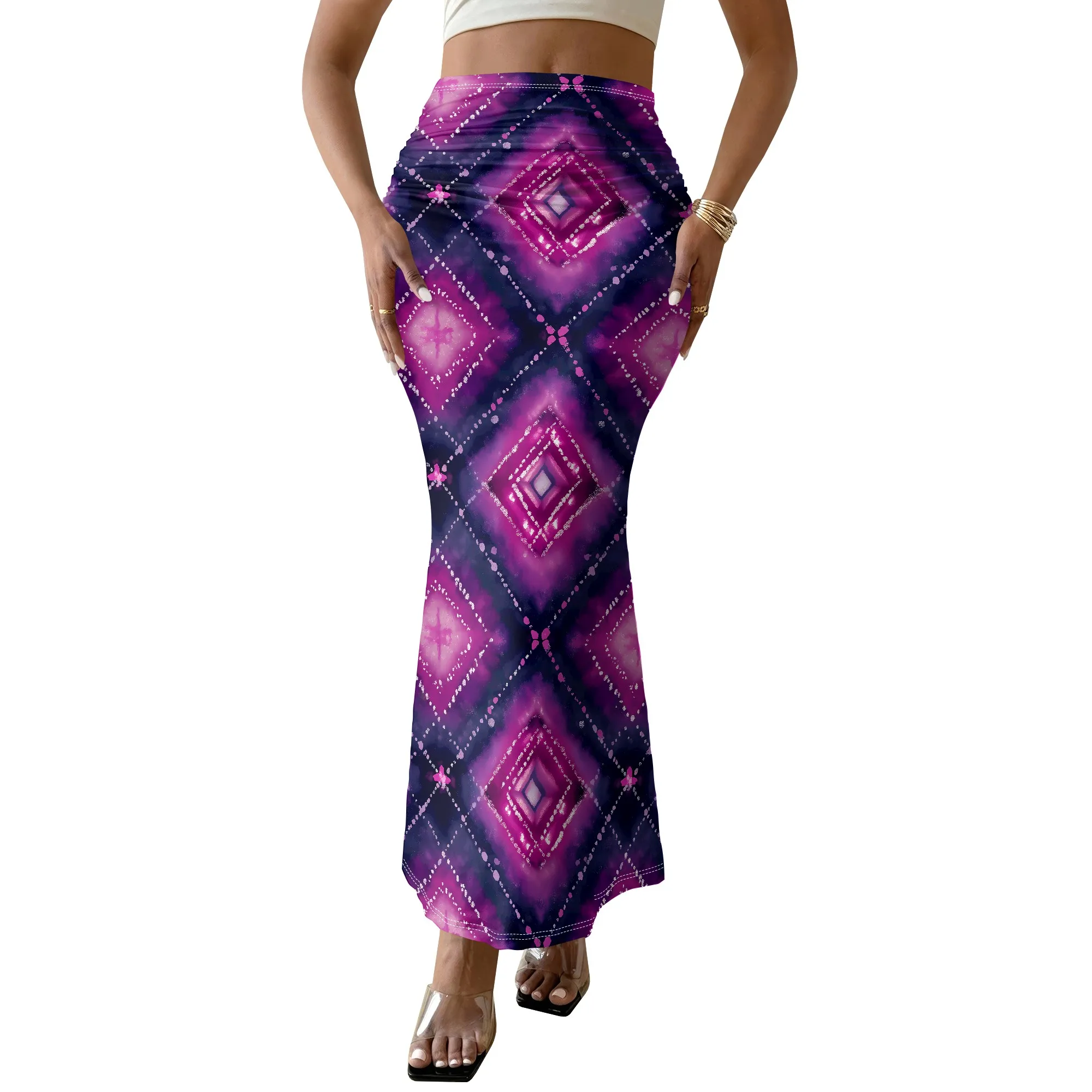 Purple Geometric Print Skirt Boho High Waist Maxi Skirt Elastic Waist Mermaid Skirt for Women Summer Beach Vacation Wear