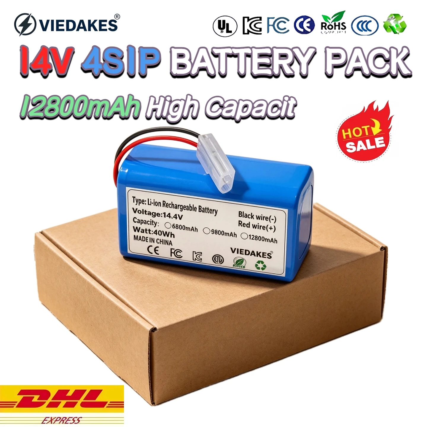 14.8V Li-ion Battery Pack for Electric Fishing Reel, 12800mAh 4S1P Lithium Ion, Built-in BMS Protection CE FCC Certified Safe