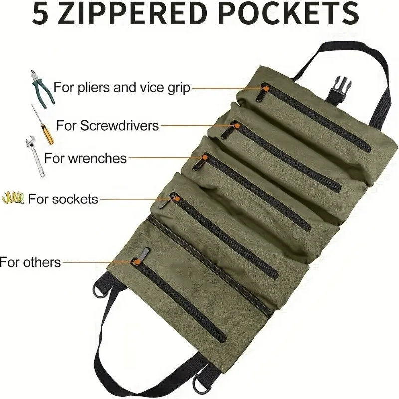 1pc Tool Roll, Multi-Purpose Roll Up Tool Bag, Car First Aid Kit Wrap Roll Storage Case, Hanging Tool Zipper Carrier Tote