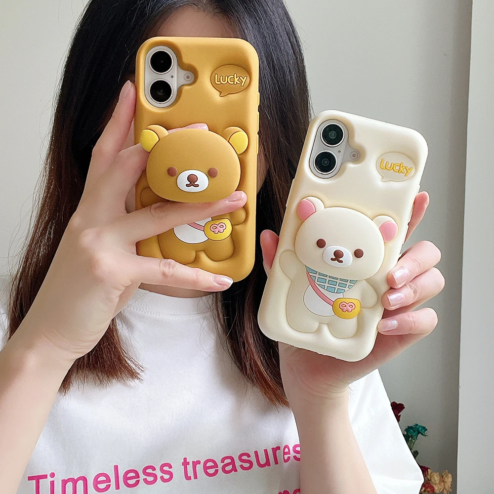 Kawaii Rilakkuma Bear Soft Silicone Case With Holder Cover For iPhone 16 15 14 13 12 11 Pro Max