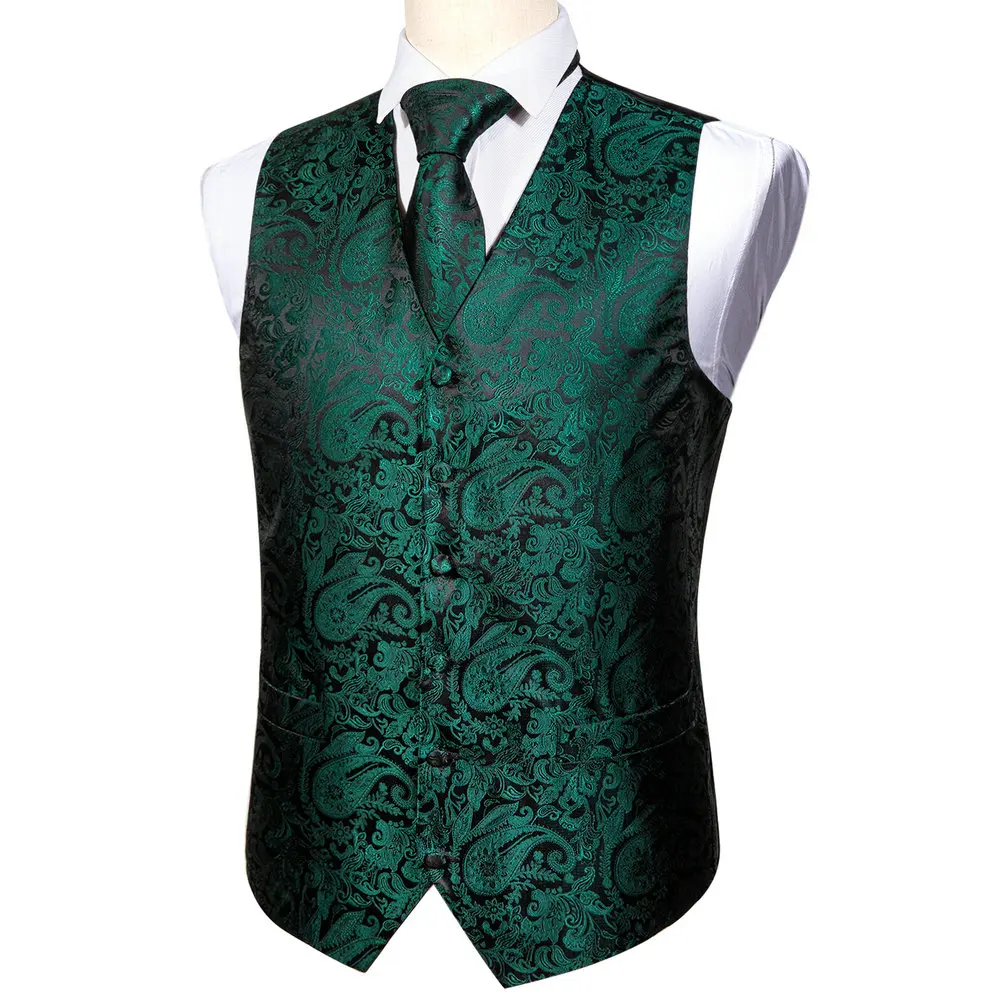 Verde floral colete de seda masculino terno fino colete paisley gravata lenço abotoaduras gravata colete negócios barry. wang design