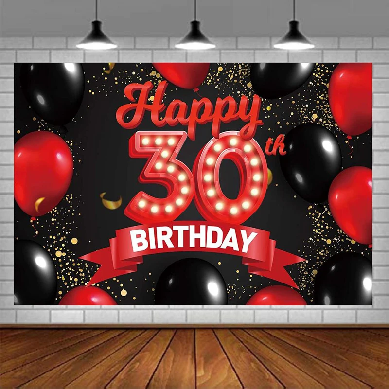 

Photography Backdrop Red And Black Balloons Decor For Women 30 Years Old 30th Birthday Party Background Banner Glitter Gold