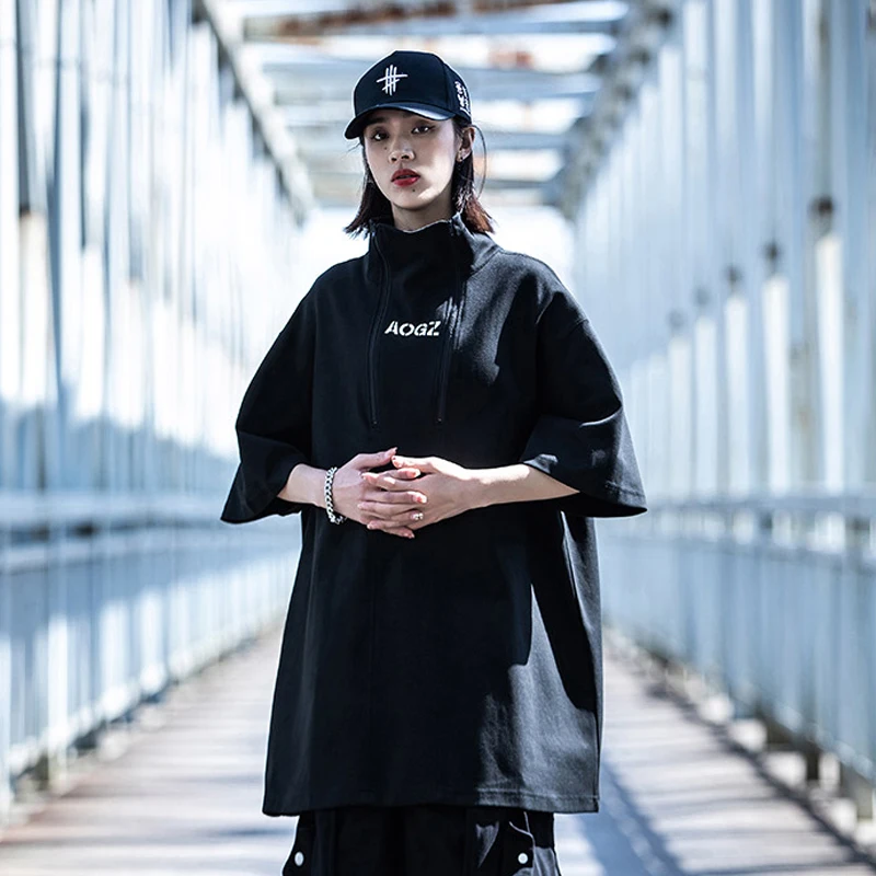 Techwear-タートルネックTシャツ,男性用,ヒップホップ,原宿,ゆったりとした半袖トップス,ストリートウェア