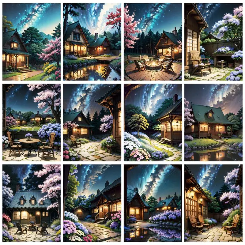 CHENISTORY 40x50cm Paint By Numbers Acrylic Paints Night Wooden House Landscape Picture Coloring For Adults Crafts Gift