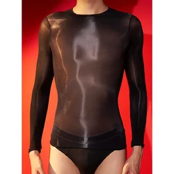 New Sexy Lingerie Men Women Oil Long-Sleeve Tight Oily Transparent Swimsuit Top Silky Smooth High Stretch Erotic Male Bodysuits