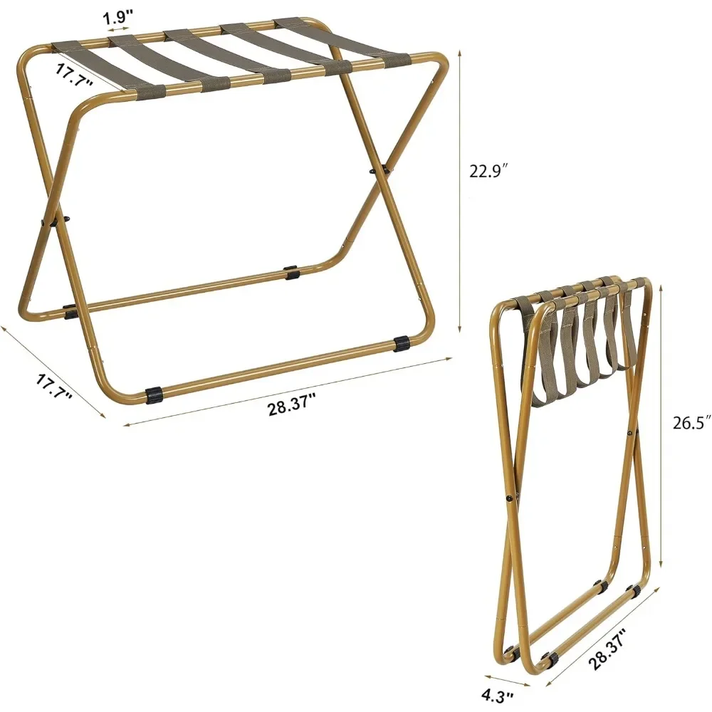 Rack de bagagem para quarto de hóspedes, 2 pacotes, suporte de mala dobrável, rolamento de carga resistente de 110 libras, montar facilmente suporte de bagagem, dourado