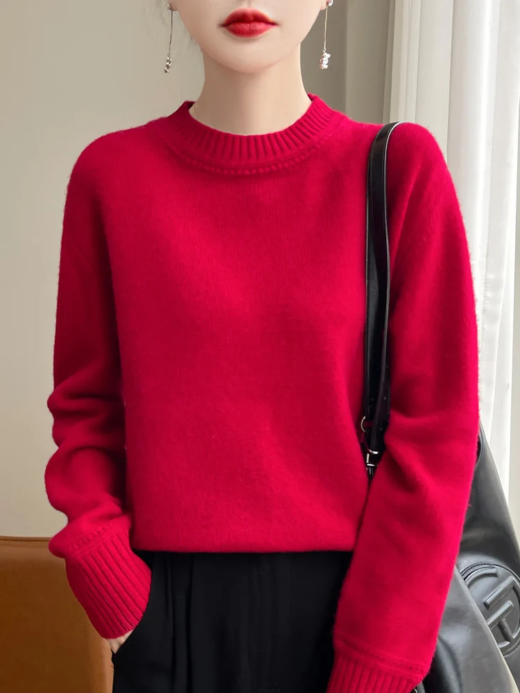 Damski sweter ze 100% wełny merino, miękki, ciepły, jesienno-zimowy, z okrągłym dekoltem, dzianina, casualowy, prosty, wygodny, pełen gracji.