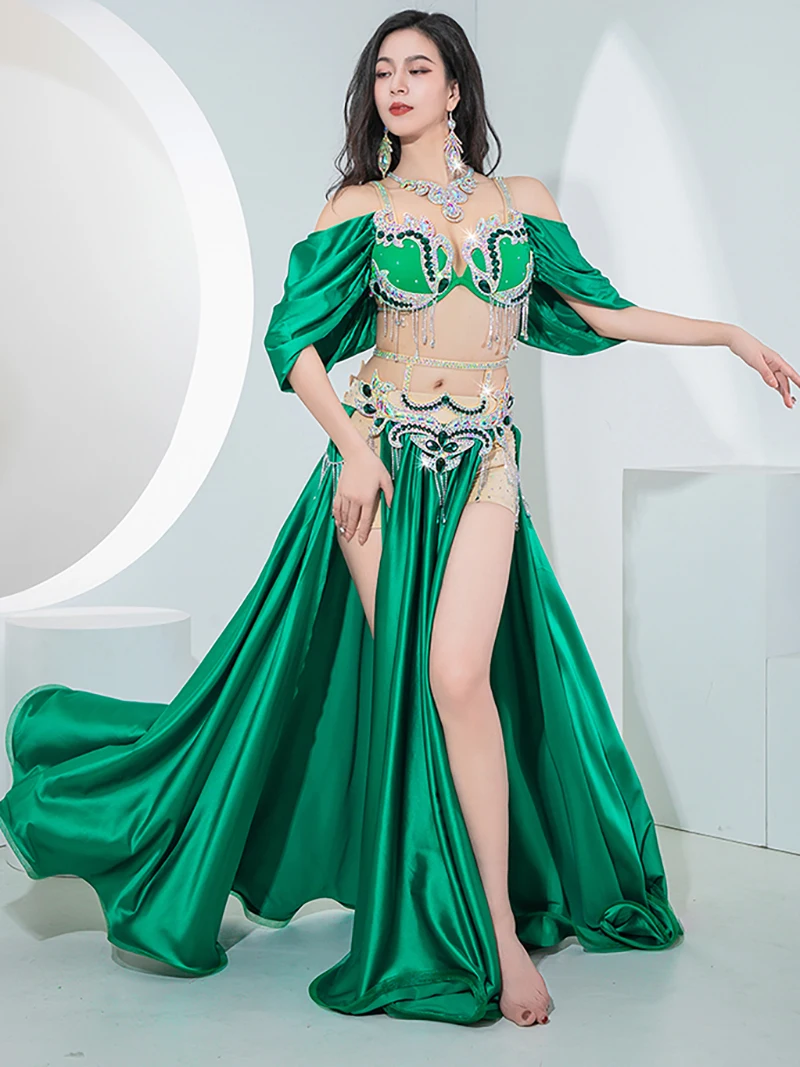 Women Sequin Flash Drill Belly Dance Double Split Gorgeous Large Swing Skirt Eastern Dancewear Competition Performance Costume