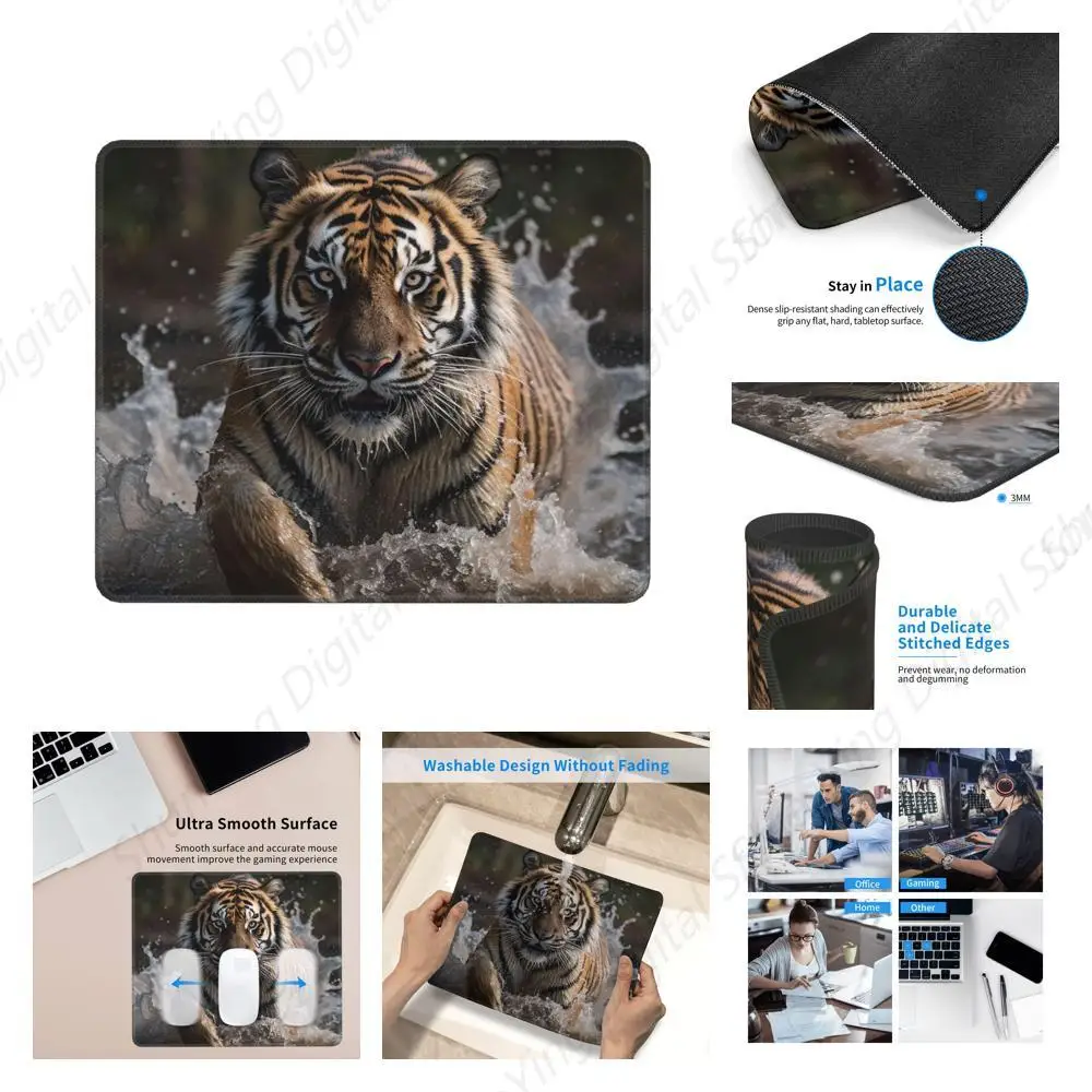 Anti Slip Rubber Gaming Mouse Pad For Running Tigers In Water Suitable For Gaming Office Laptops 18*22cm