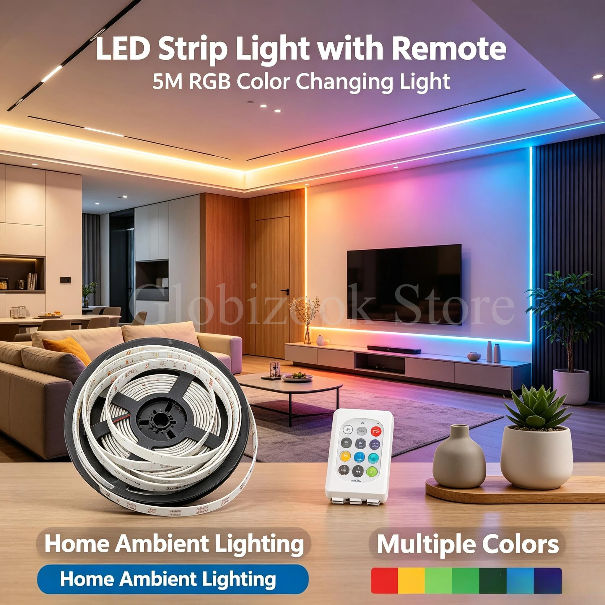 Bande lumineuse LED RGB de 5 mètres, étanche (indice de protection IP65), avec télécommande et possibilité de changer les couleurs, idéale pour l’éclairage d’ambiance de télévision, de chambre à coucher, de meubles ou pour décorer pendant les fêtes.