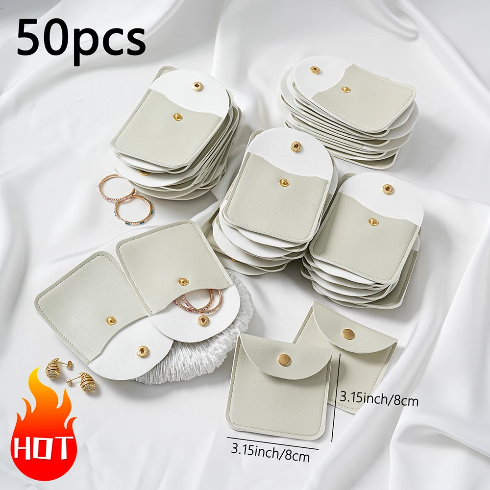 1/10/50 Buah Kantong Perhiasan Kulit PU Lembut Kancing Jepret Tas Kemasan Perhiasan Anting Kalung Organizer Tas Hadiah Bisnis Kecil