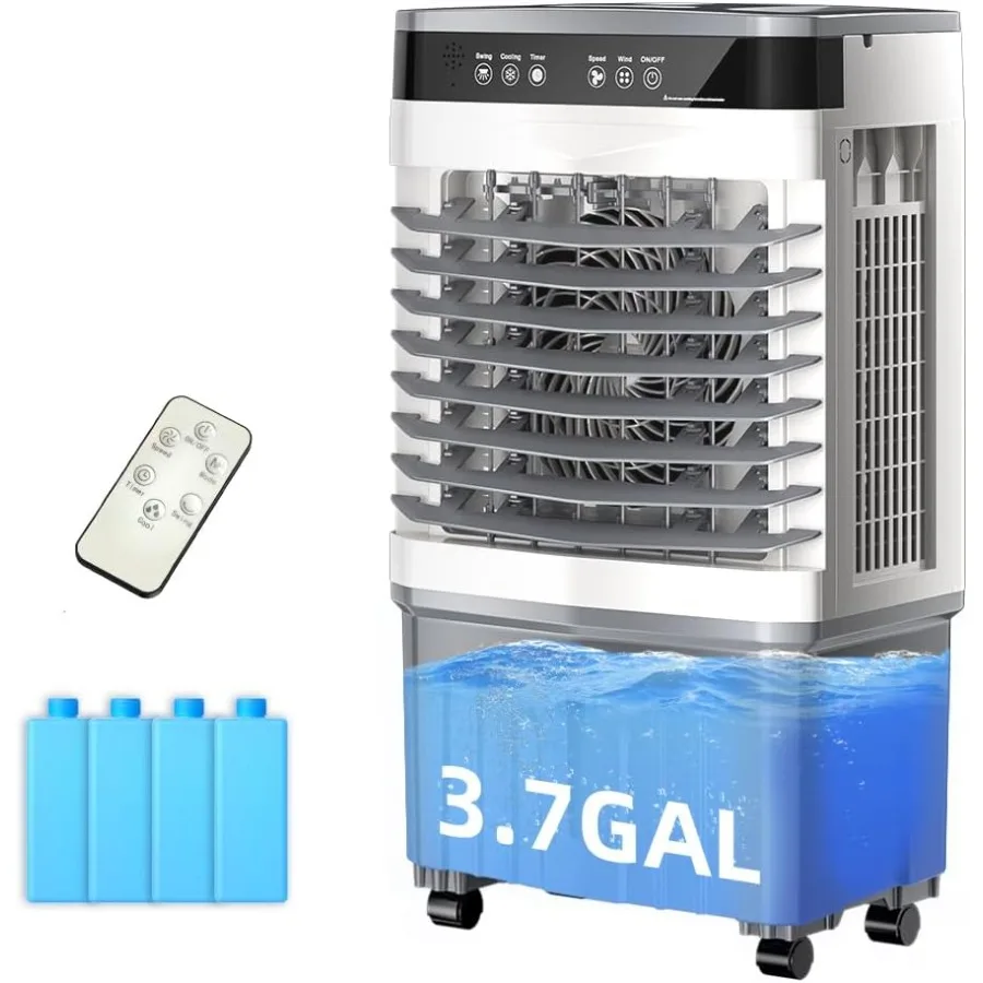 휴대용 에어컨, 3.7갤런 물탱크로 최대 12시간 지속 냉방, 조절 가능한 15003000CFM 공기 흐름, 리모컨 포함