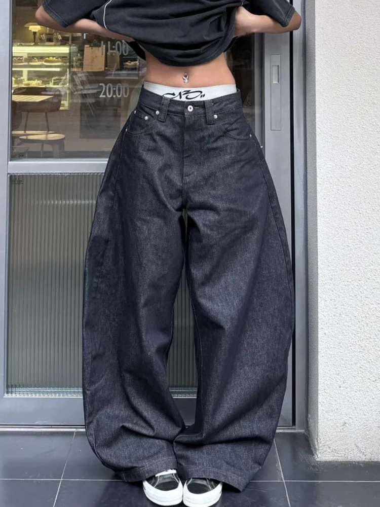 

plus Size American Retro Deep Blue Wide Leg Jeans Men Women Summer New Loose Slimming Knife Straight Long Pants Casual High W...