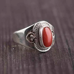 Unique design Nepal handmade silver inlaid southern red tourmaline opening adjustable ring retro ethnic style ladies jewelry