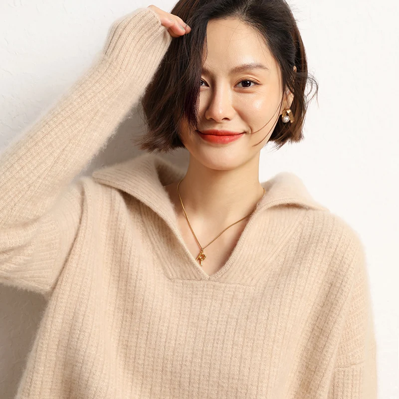 2023 Autumn Winter 100% Cashmere Sweater Turn-down Collar Knit Pullover Women\'s High Quality Soft Female Loose Large Size Jumper