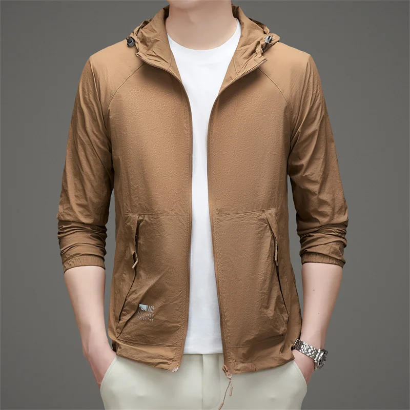 Ultra-Lightweight Men UV Protection Hooded Jacket Gray Caramel UPF 50+ Sun Defense & Breathable Coat Summer Essential Outerwear