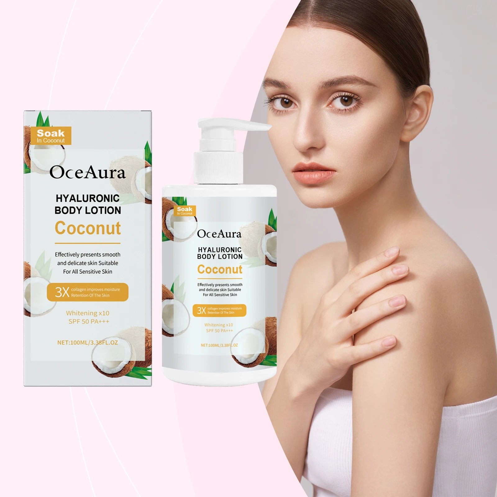 코코넛 히알루론산 바디 로션 - SPF 50 PA+++ 민감성 피부를 위한 화이트닝 & 하이드레이팅 모이스처라이저, 3X 스무딩 효과, 100ml/3