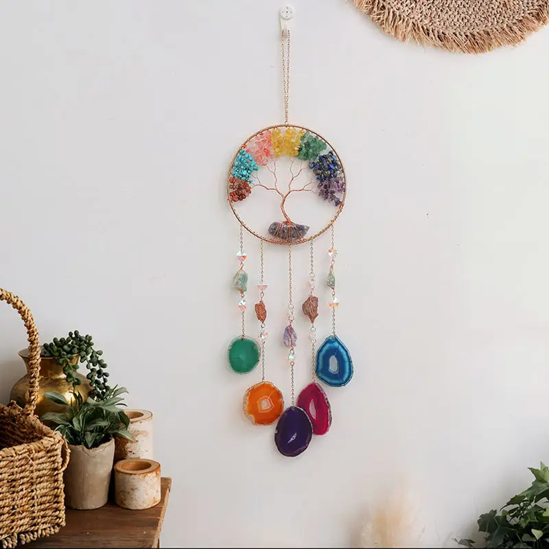 Colore albero della vita ornamenti appesi per la stanza pietra preziosa agata naturale 7 Chakra Crystal Healing Suncatcher decorazione della finestra di casa