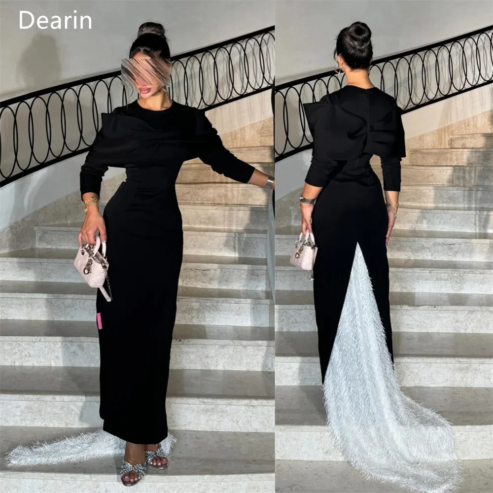 Customized Formal Dress Dearin Scoop Neckline Column Floor Length Ruffle Tulle Feather Bespoke Occasion Dresses Saudi Arabia E