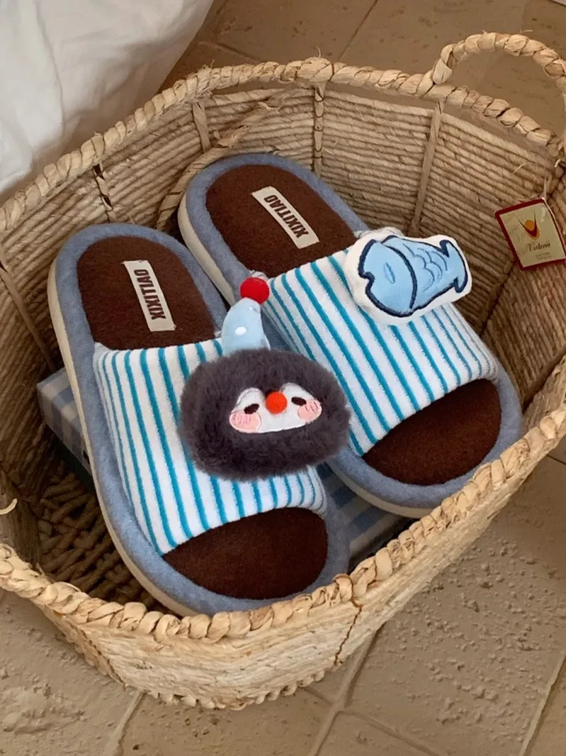 

Cute Penguin Couple Cotton Slippers Indoor Home Anti-Slip Soft Bot Striped Slip-On Home Comfortable Warmth Indoor Slippers