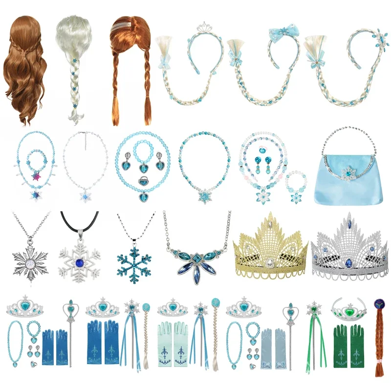 

Princess Dress Cosplay Snow Queen Accessories Set - Girls Anna Elsa Gloves, Wand, Crown, Jewelry, Wig Braid