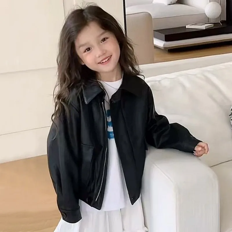 Children's Leather Jacket Spring Autumn New Style Boys Girls New Fashionable Biker Coat Kids Clothing