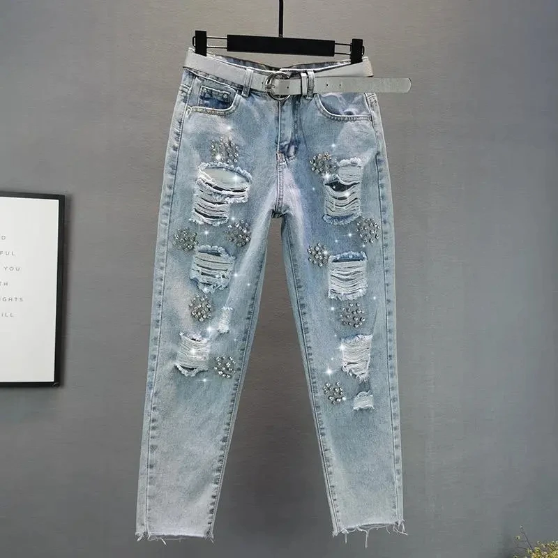 

Summer New Jeans Women's Loose Heavy Industry Is Studded With Holes Nine-point Smoke Tube Pants Female Cowboy Trousers Ladies