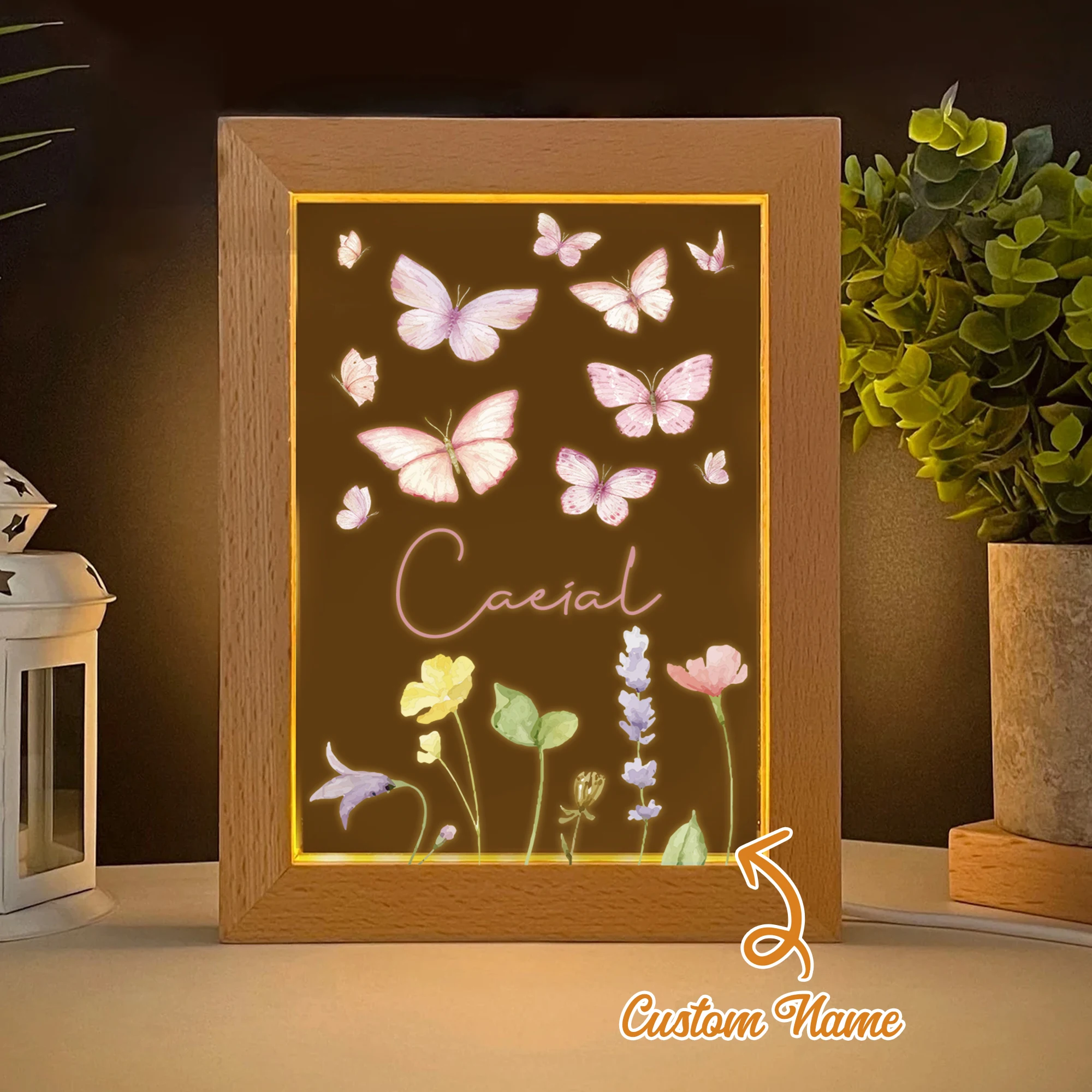 

Customized Pink Butterfly Name LED Night View Photo Frame Personalized Gift Family Living Room Bedroom Dining Room Home