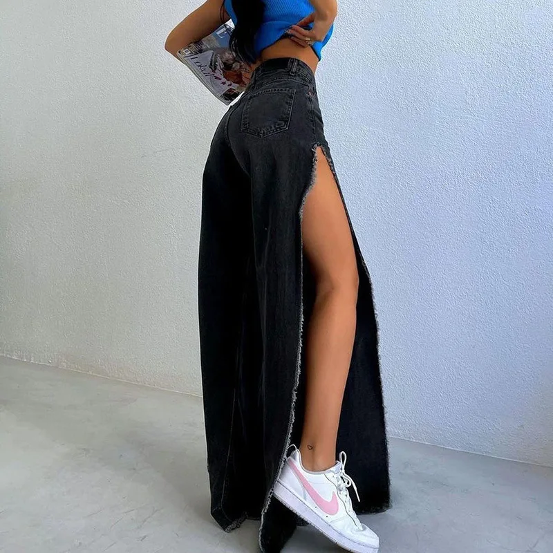 2000S Personality Street High Waisted Split Straight Wide Leg Denim Pants Trendy Fashionable Harajuku Spicy Girl Casual Trousers