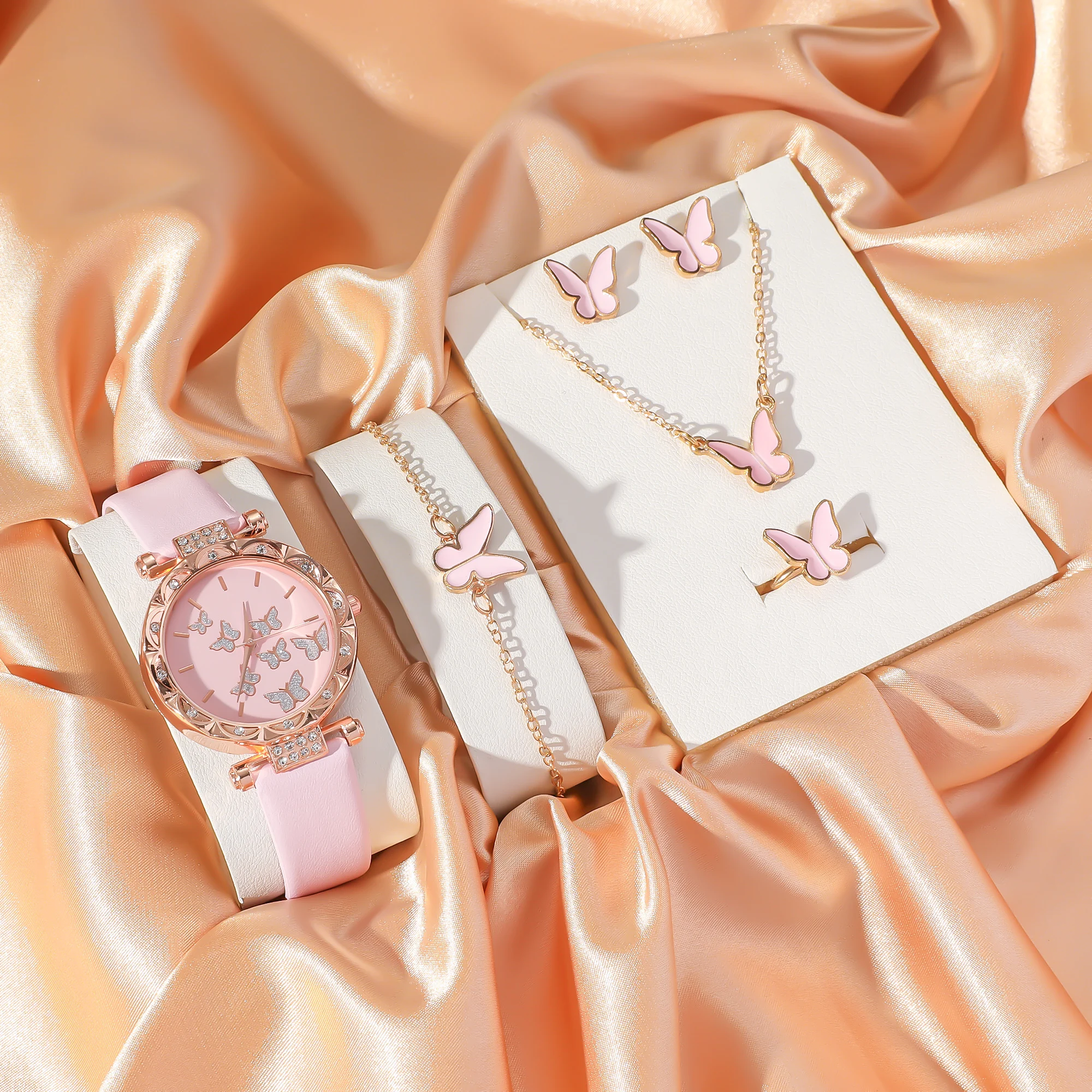 Fresh everything with pink diamond dial belt quartz watch + butterfly jewelry set student girlfriends