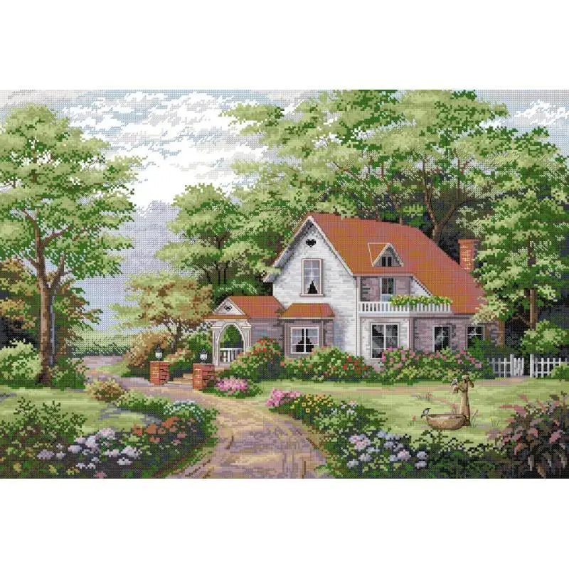 Kit de punto de cruz con patrón de paisaje de Joy Sunday, Villa de techo rojo, Aida 14 16 11CT, tela impresa HD, costura, bordado, decoraciones para el hogar