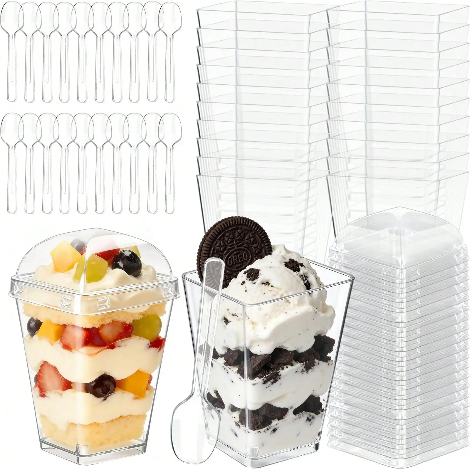 50 Pack 5oz Dessert Cups With Lids And Spoons, Clear Small Yogurt Parfait Cups With Lids, Mini Dessert Shooter Cups, Square Party Appetizer Cups, Fruit, Pudding, Trifle Ice Cream