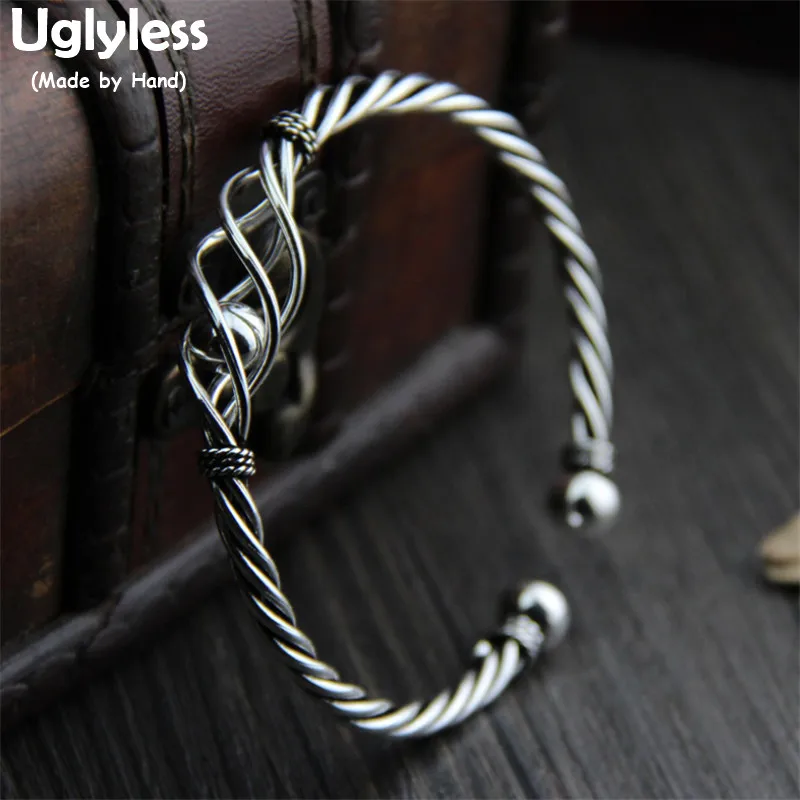 

Uglyless Real S925 Sterling Thai Silver Women Exaggerated Hollow Bangles Twisted Weave Texture Jewelry Cool Removing Ball Bangle