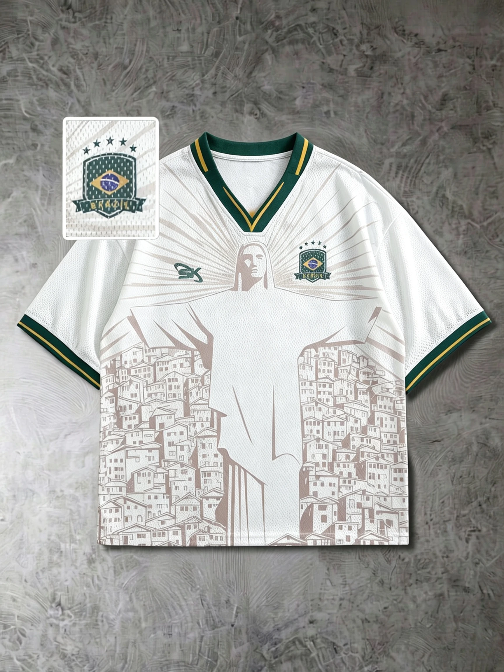 2026 Retro Brazil Art Fan Jersey Collar Green Yellow Trim Christ Statue City Sketch Full Print Mesh Football Tee for Adults Kids