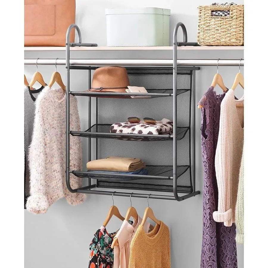 

Whitmor Hanging 3 Shelf Closet Organizer, Closet Storage and Closet Hanging Organizer - Grey with Black Metal Rod - Closet Hanging Shelves for College Dorms