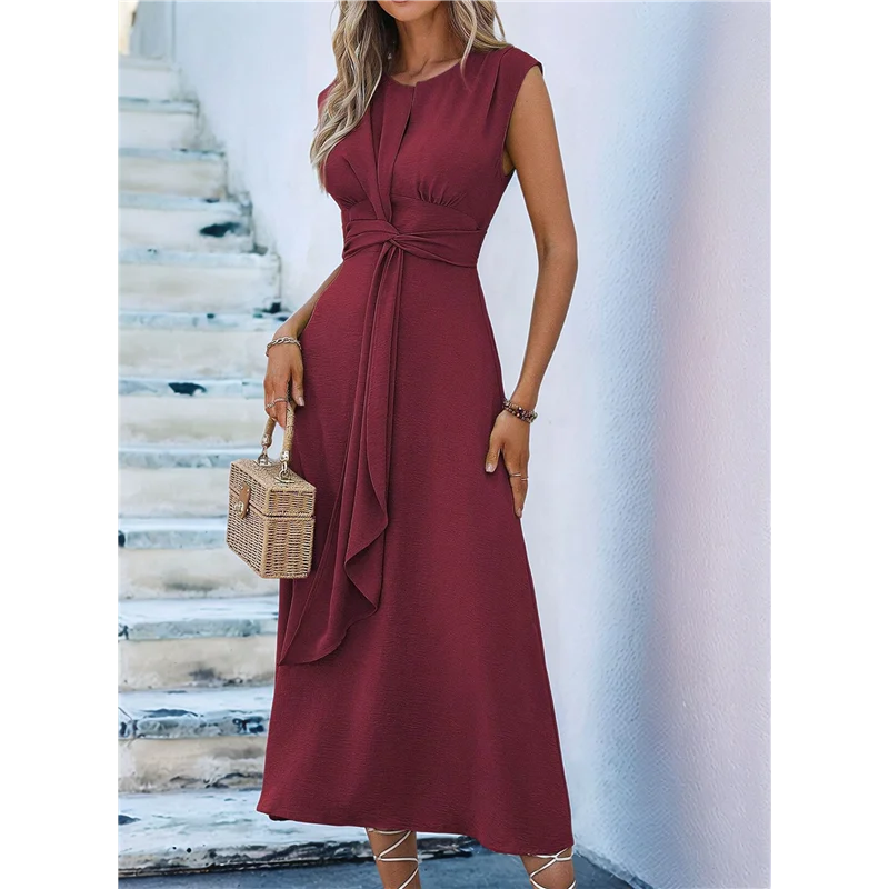 A83F-Womens Summer Casual Sleeveless T Shirt Midi Dress Slim Fit Tie Waist Tank Long Dresses 2025 Vacation Sundress