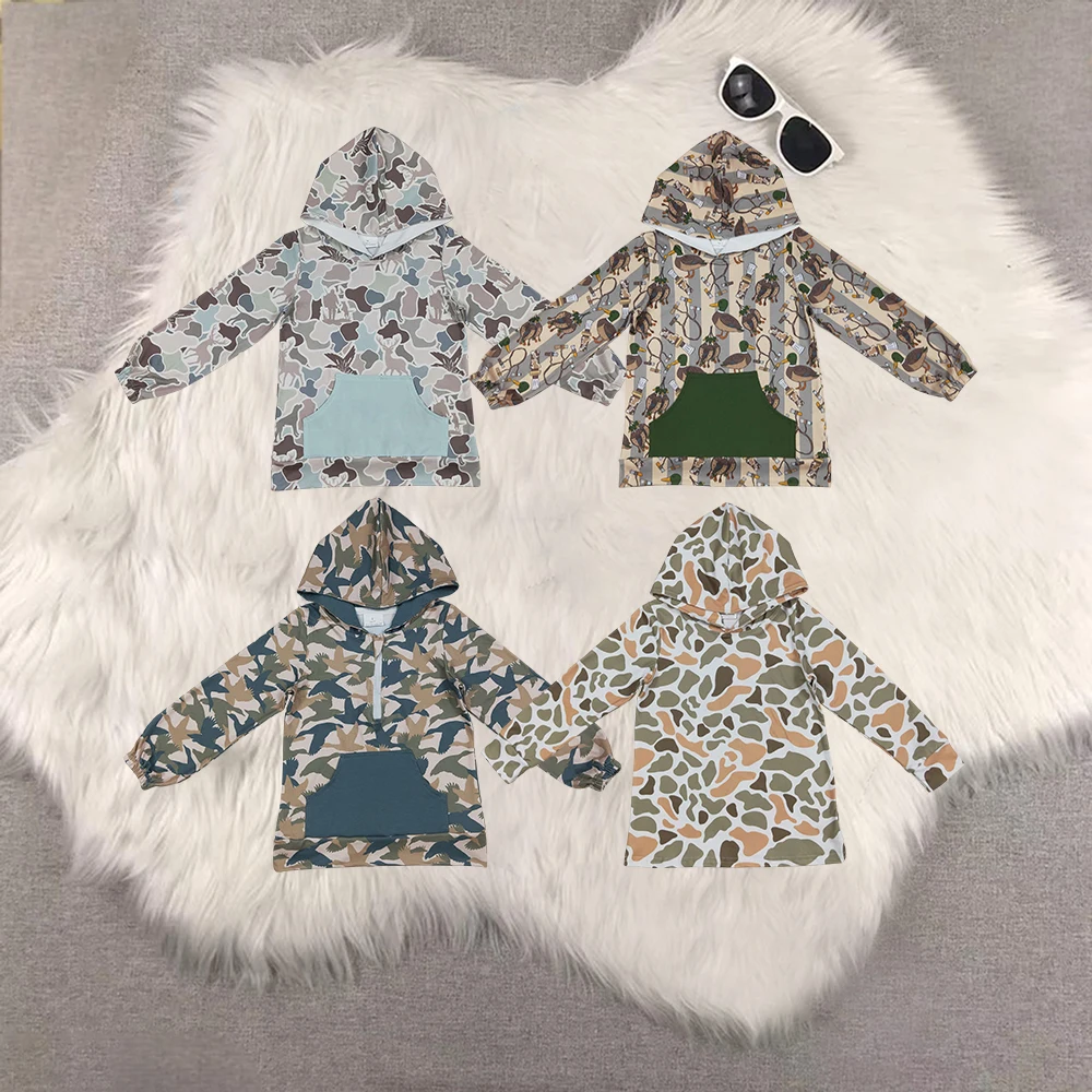 

Sibling Baby Boys Long Sleeve Hoodie Olive Green Duck Stripe Pocket Top Kids Casual Fashionable Sweatshirt for Boys