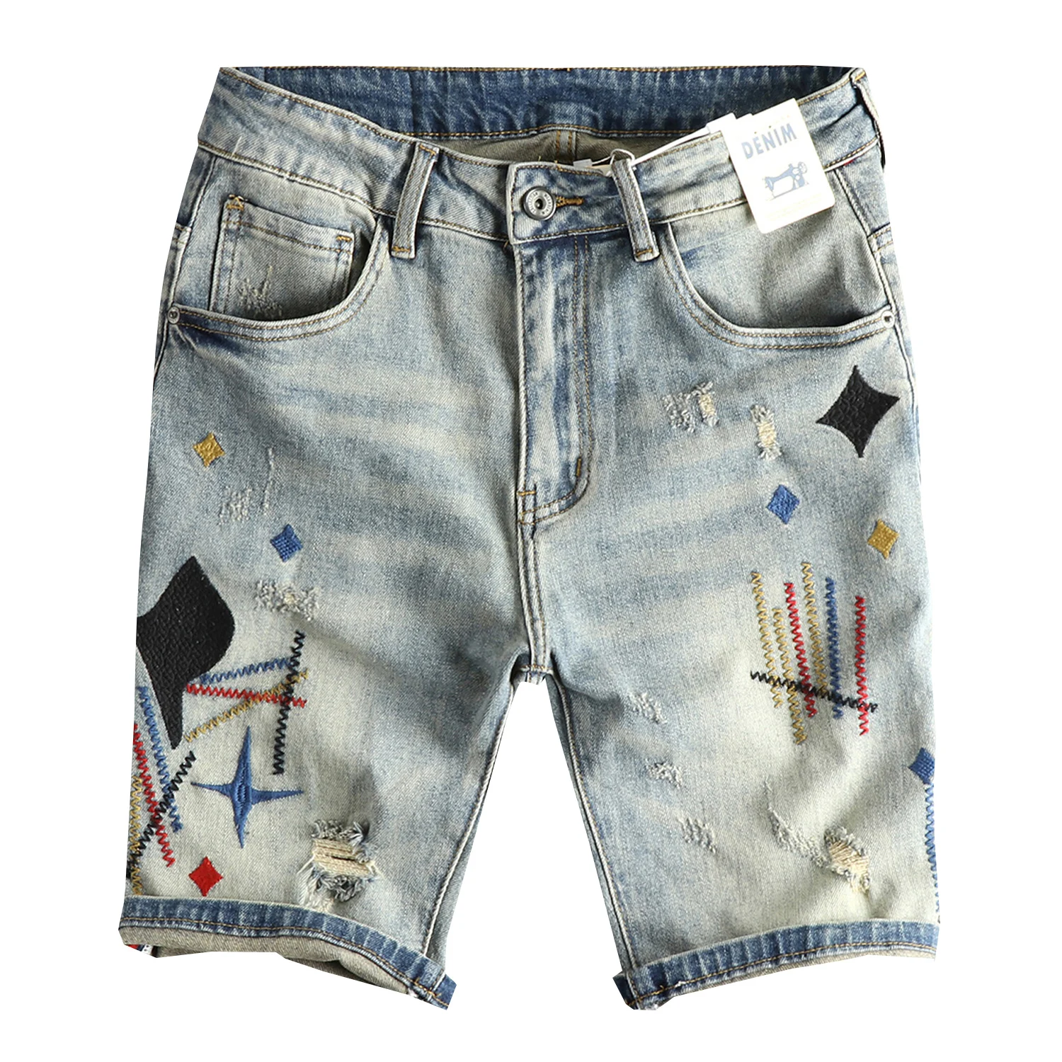 여름 뉴 아메리칸 레트로 자수 데님 카고 반바지 남성 패션 93% 코튼 워시 올드 홀 스트레이트 캐주얼 5 포인트 바지