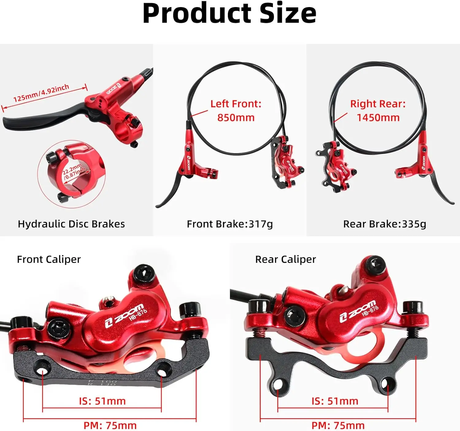 

ZOOM HB876 4-Piston Pre-Bled Hydraulic Disc Brake Set for MTB Bike, Bike Disc Brake Kit with 160mm Rotors, Front and Rear Levers