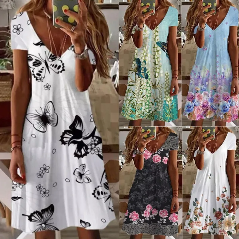 

Women New Loose Vintage Ruffles Casual Befree 5XL Dress Large Big Summer Printed Party Beach Dresses