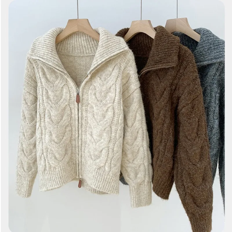 

Korean double zipper linen sweater coat women's 2025 winter design lapel thickened long sleeve knitting cardigan