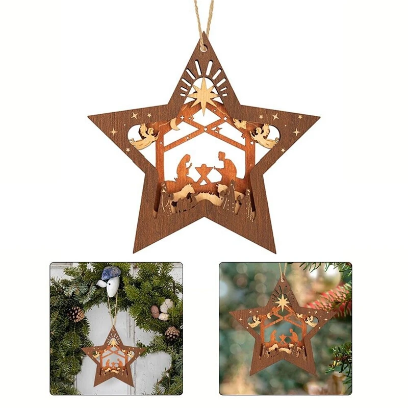 Nativity Scene Ornaments Christmas Wooden Hanging Ornament Multilayer Nativity Christmas Tree Ornaments Keepsake 4PCS Durable