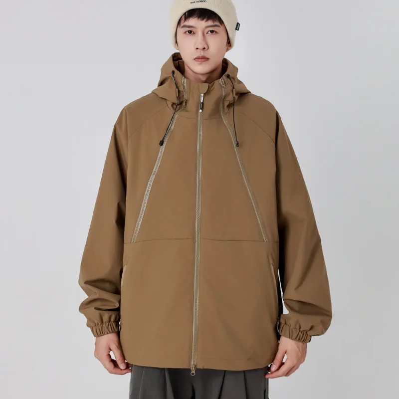 

Spring Autumn Quality Hiking Jacket for Men Outdoor Loose with Hood Camping Coats Waterproof Zipper Outerwear Multiple Colors