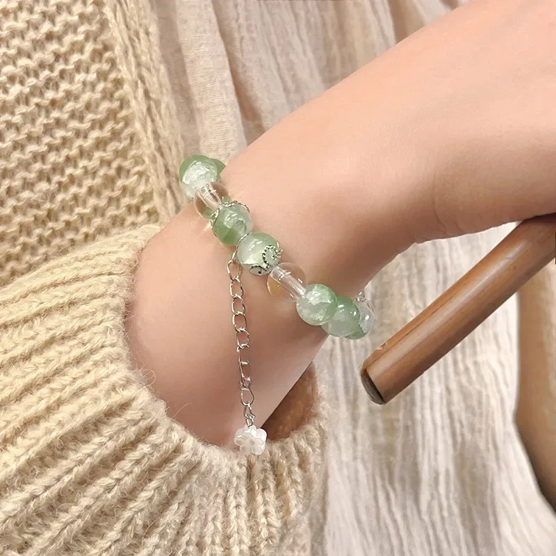 Freesia Beaded Bracelets Women Sweet Delicate Green Crystal Exquisite Elastic Rope Adjustable Girls Friendship Handmade Jewelry