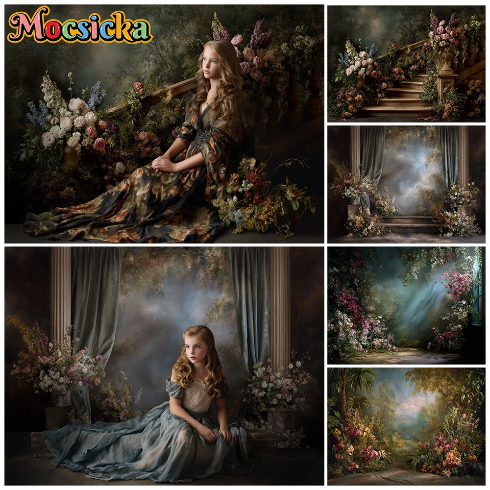 Mocsicka Floral Photography Backdrop Oil Painting Palace Stairs Garden Background Wedding Maternity Art Baby Portrait Photoshoot