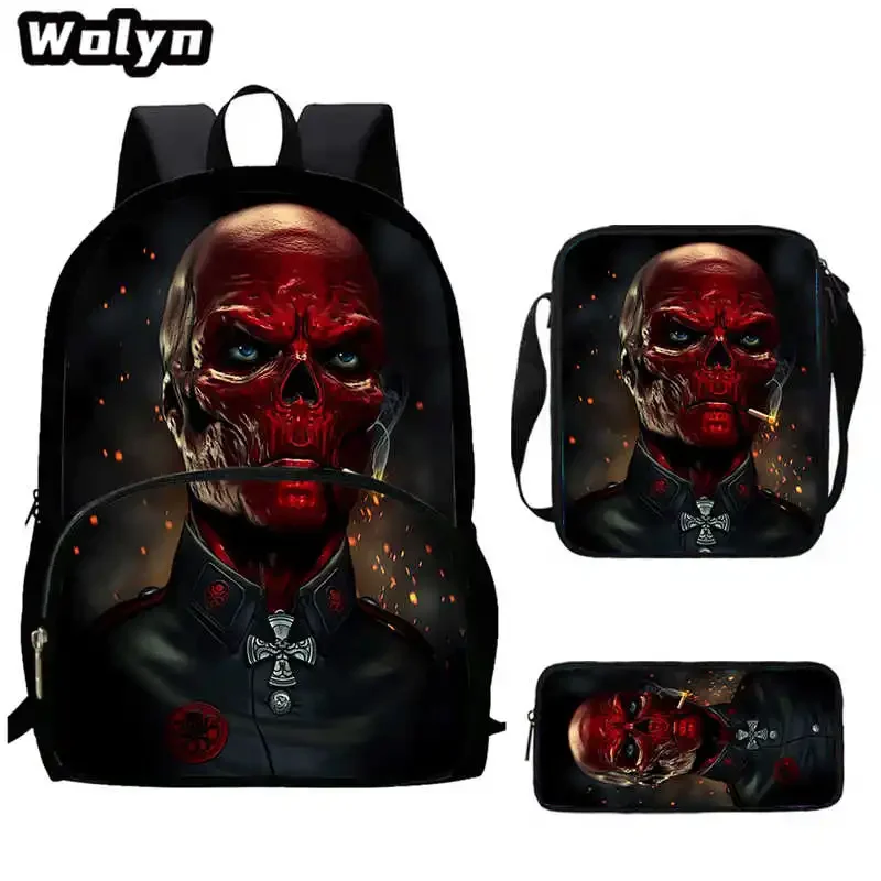 3Pcs Set of Red Skull Backpacks with Shoulder Bags,Pencil Bags,Cartoon School Bags for Boys Girls,Comic Book Bags for Pupil