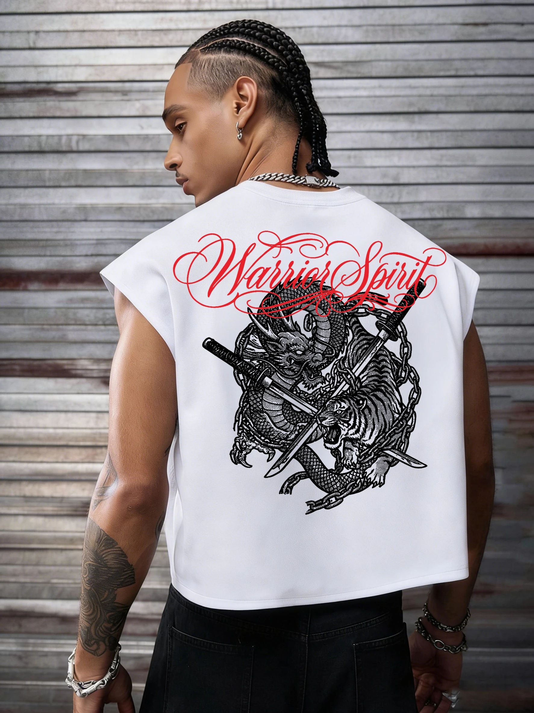 Herren Warrior Spirit Drachen Tiger Katana Rückendruck Ärmelloses Crop Tank Top Polyester S-2XL Locker Y2K Streetwear Cut-Off Weste – Detail 3