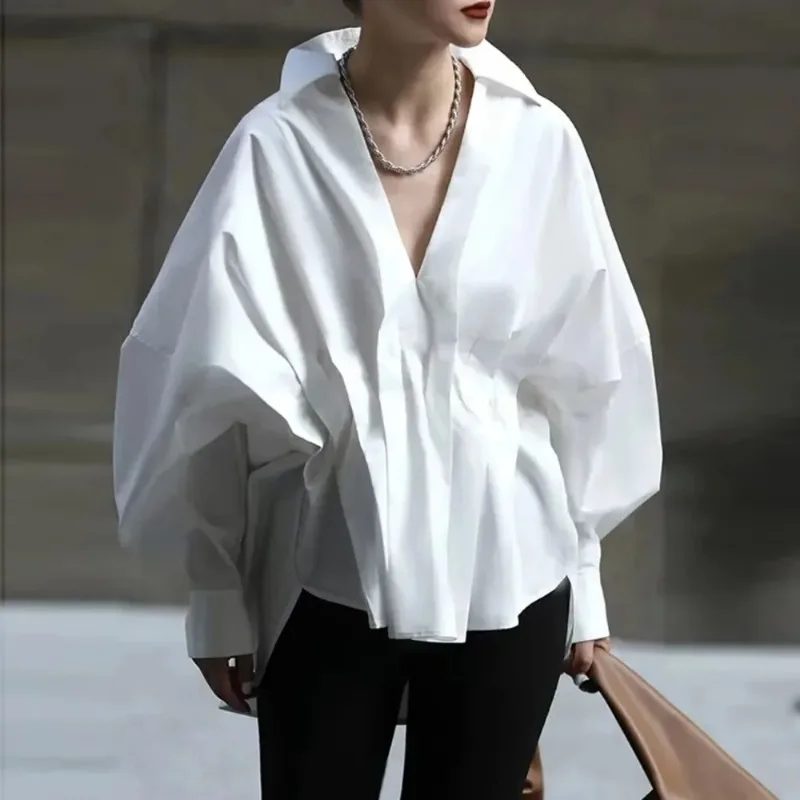 Gymystars Fashion Women's White Shirts Long Puff Sleeves Pleated Lapel Autumn Black Blouses Loose Office ShirtsTops for Female