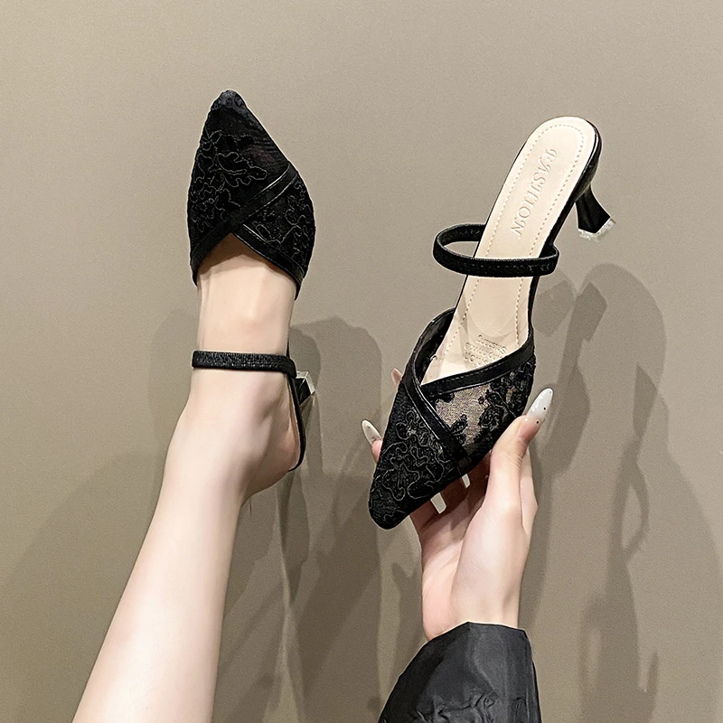 Sexy lace one-strap fashion slippers Women's new summer style high-heeled pointed-toe French-style back-swept slippers Plus-size view 4
